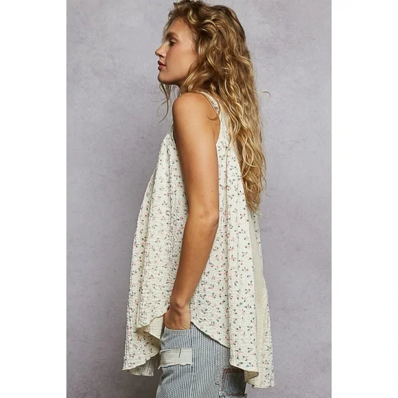 POL Natural Cream Floral Sleeveless A Line Top with Button Neck - Picture 2 of 5